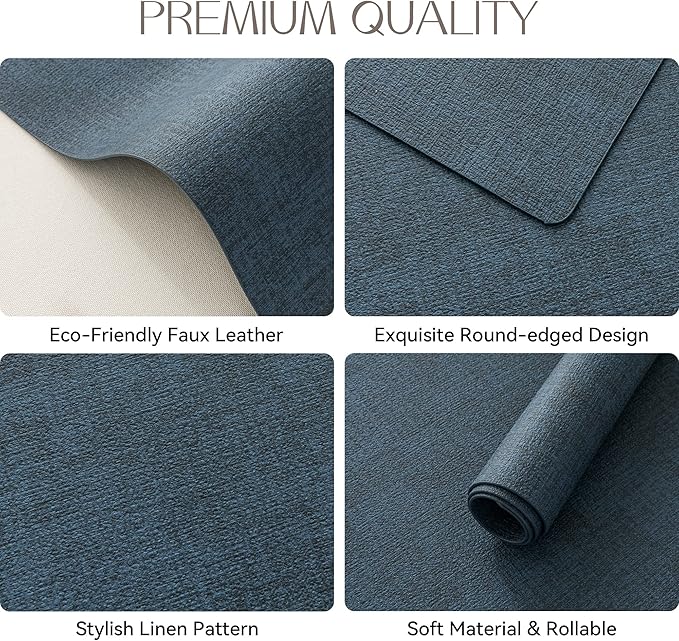 Romanstile Vinyl Placemats Set of 12-12 X 17 Inch - Faux Leather 100% Waterproof Oil-Proof Wipeable Place Mats, Heat Resistant Reversible PU Table Mats for Kitchen Dining Party Outdoor, Navy Blue
