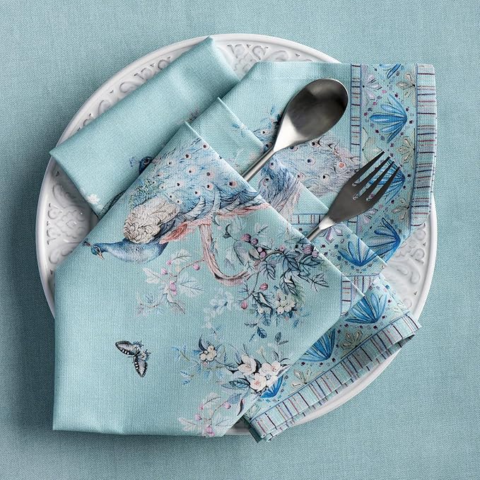 Maison d' Hermine Napkin 100% Combed Cotton Premium Set of 4 Decorative Washable Table Cloth Napkins for Dining, Home, Wedding, Banquet, Peacock Utopia - Pastel Turquoise (20”x20”)