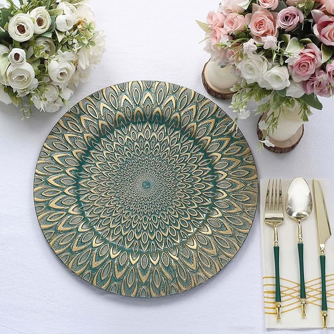 Efavormart 6 Pack | 13" Teal/Gold Embossed Peacock Design Plastic Serving Plates, Round Disposable Charger Plates