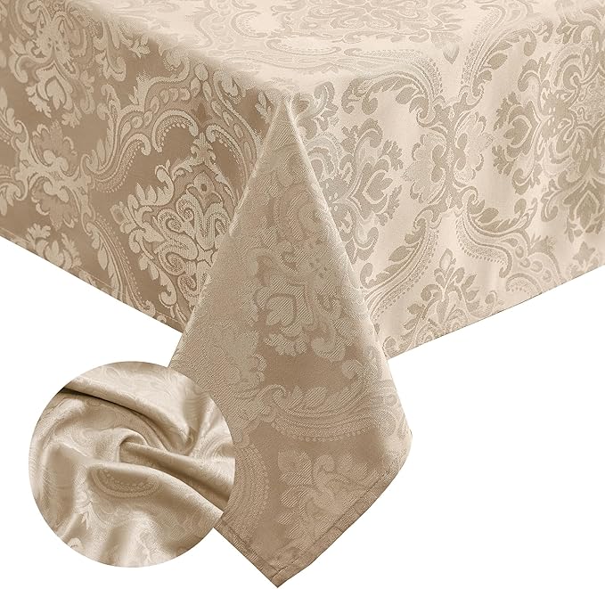 Elrene Home Fashions Caiden Elegance Damask Waterproof, Stain & Wrinkle Resistant Fabric Tablecloth, 60" x 144" Oblong/Rectangle, Taupe