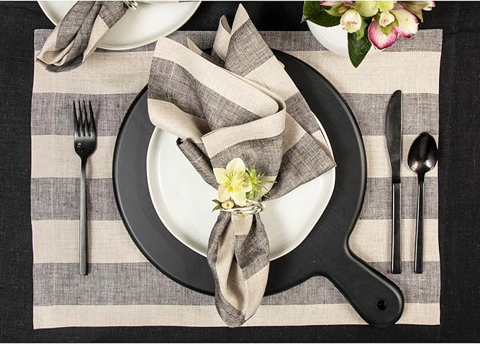 Solino Home Linen Placemats Set of 4 - Cabana Stripe Black and Natural Placemats 14 x 19 Inch - 100% Pure Linen Place Mats for Winter, Holiday