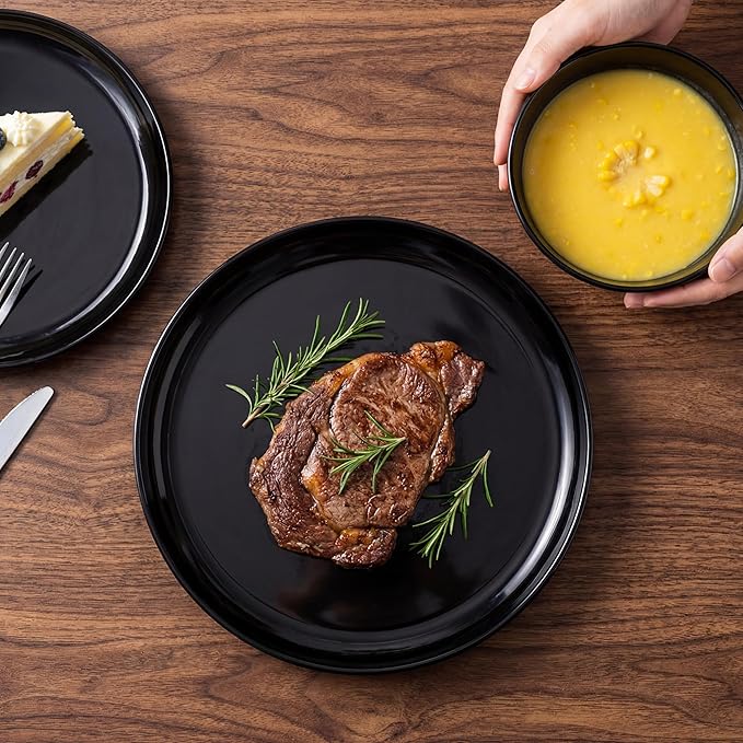 ONEderful 9 Inch Melamine Dinner Plates Set of 4 - Black Modern Flat Plates, Durable & Lightweight Catering Dishes for Parties, Picnics, Holidays, Dishwasher Safe