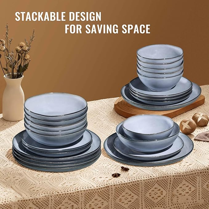 Herogo Stoneware Dinnerware Sets for 6, 24 Piece Ceramic Dinner Dishes Set, Irregular Handmade Plates and Bowls Dishware, Crack and Scratch Resistant, Reactive Glaze, Smoky Blue