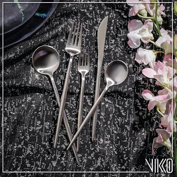 Vikko Decor Modern Silverware Set, Brushed Silver Flatware Set, 18/10 Stainless Steel, Elegant Long Handled Cutlery, Satin Matte Silverware for Upscale Dining, 20 Pc Set, Service for Four(4)