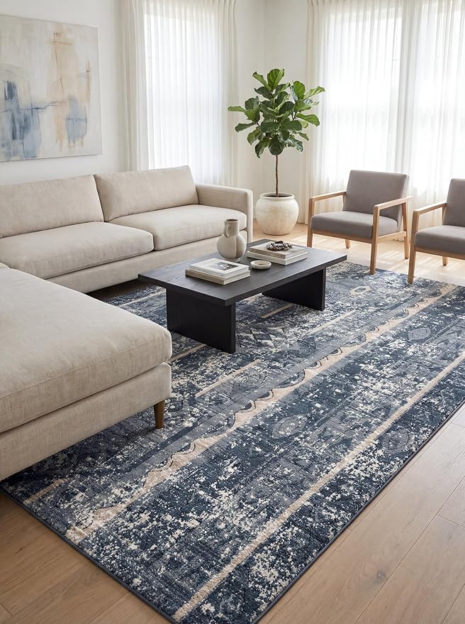 Rugs.com Oregon Collection Rug – 6' x 9' Blue Low-Pile Rug Perfect for Living Rooms, Large Dining Rooms, Open Floorplans