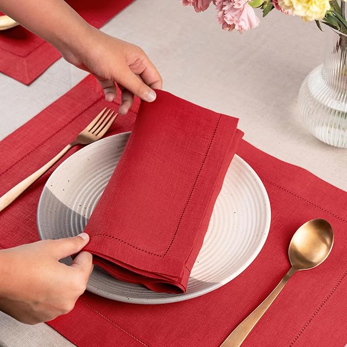 D'Moksha Homes Bright Red Linen Napkins Set of 4 - Classic Hemstitch 100% Pure Linen Hemstitch Dinner Napkins 20 x 20 Inch for Winter, Christmas, Holiday, New Year - Handcrafted and Machine Washable