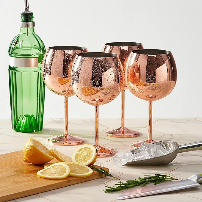 Oak & Steel - 24oz Big Gin and Tonic Glasses Set of 4 (Rose Gold) Stainless Steel, Balloon Glasses, Gin Cocktail for Wedding, Birthday, Beach & Pool Party
