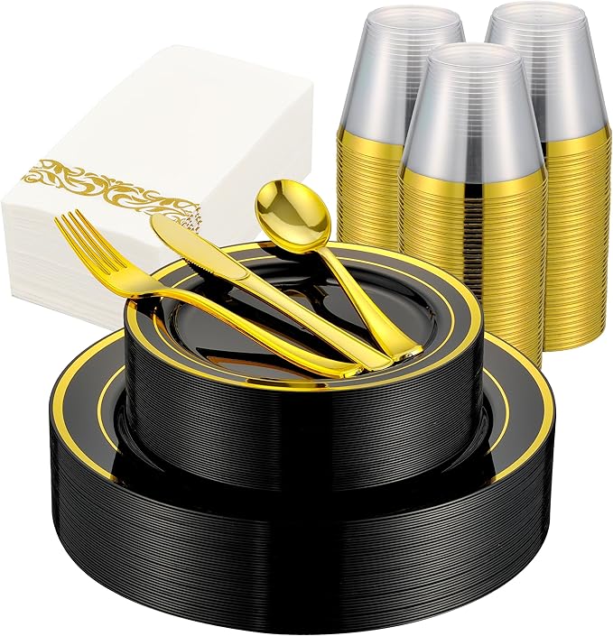 350 PCS Black and Gold Dinnerware Set for 50 Guests, Black Plastic Disposable Plates with Gold Rim for Party -50 Dinner Plates, 50 Dessert Plates, 150 Silverware Set,50 Napkins and 50 Cups