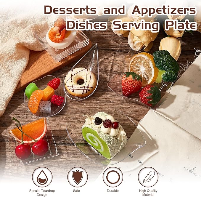 Tessco for you 100 Pcs Mini Appetizer Plates Set, Disposable Dessert Plates Assorted Shape Mini Plastic Spoons for Wedding Party Birthday (Clear)