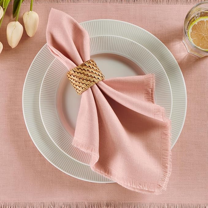 Solino Home Fringe Linen Cloth Napkins Set of 4-100% Pure Linen Misty Pink Dinner Napkins 20 x 20 Inch for Christmas - Handcrafted and Machine Washable