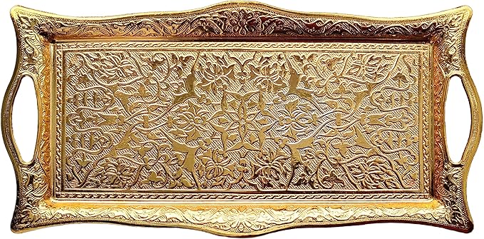 Metal Serving Tray with Raised Edges, Vintage Design Tray, Rectangular Metal Serving Tray, Decorative Serving Platter, Turkish Ottoman Coffee Tea Beverage Serving Square Tray (Gold)