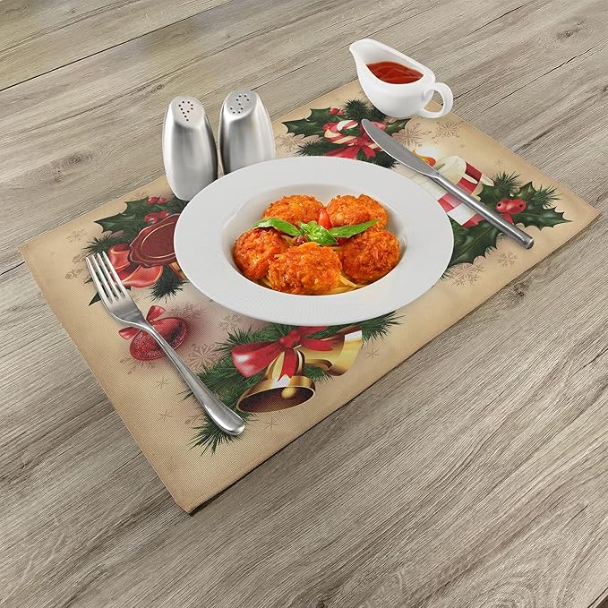 Ambesonne Christmas Place Mats Set of 8, Vintage Style Classical Candle Bell Mistletoe Ribbon Bird Art Print, Washable Fabric Placemats for Dining Table, Placemat 8 pcs, Emerald Cream