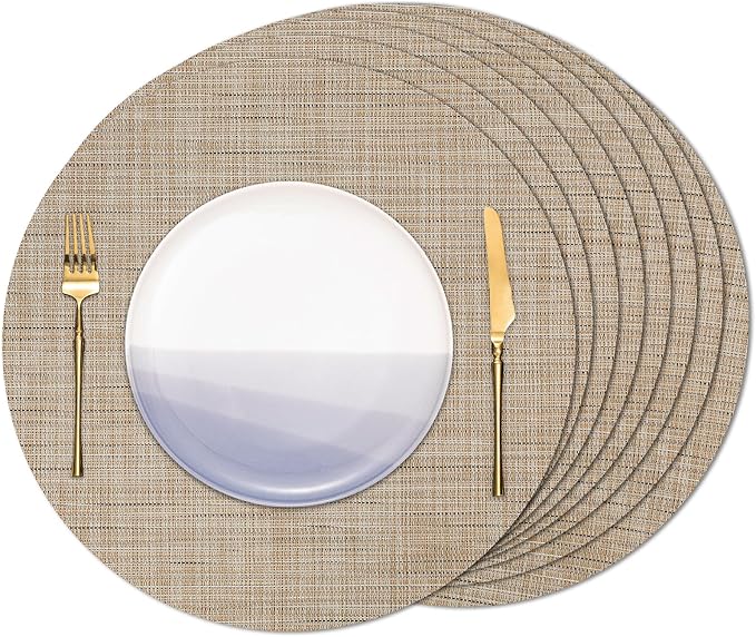 Round Placemats Set of 8 Heat Resistant Vinyl Placemats 15 inch Washable Non-Slip Table Mats Woven Place Mats for Dining Table (Beige, Set of 8)