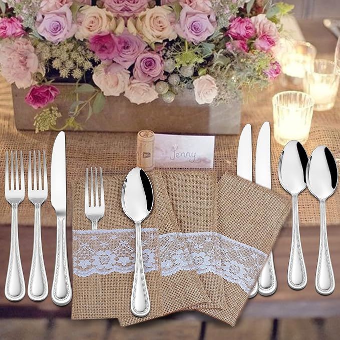 HaWare 24-Piece Forks and Spoons Silverware set, Stainless Steel Flatware with Pearled Edge for Home/Kitchen, Include 12 Dinner Forks(7.9in) and 12 Dinner Spoons(7.9in), Dishwasher Safe