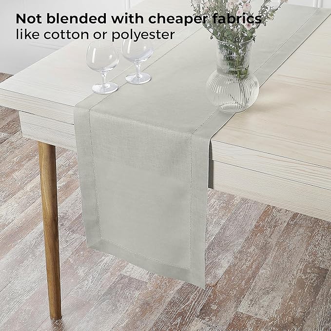 D'Moksha Homes Linen Silver Grey Table Runner 60 Inches - Classic Hemstitch, 100% Pure Linen Coffee Table Runner 14 x 60 Inch Ideal for Dresser Tables - Winter, Christmas, Holiday, New Year