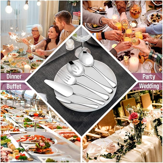 LIANYU 5-Piece Stainless Steel Serving Utensils Set Include Serving Spoon Fork, Flatware Serving Pieces for Buffet Catering, Mirror Finish, Dishwasher Safe
