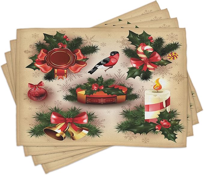 Ambesonne Christmas Place Mats Set of 8, Vintage Style Classical Candle Bell Mistletoe Ribbon Bird Art Print, Washable Fabric Placemats for Dining Table, Placemat 8 pcs, Emerald Cream