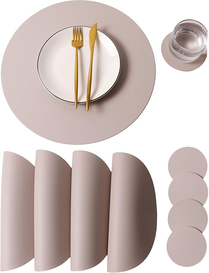 Wipeable Placemats and Coasters Leather Table Mats Waterproof Heat-Resistant Easy to Clean for Dining Table Set Kitchen Table Set of 4, Taupe