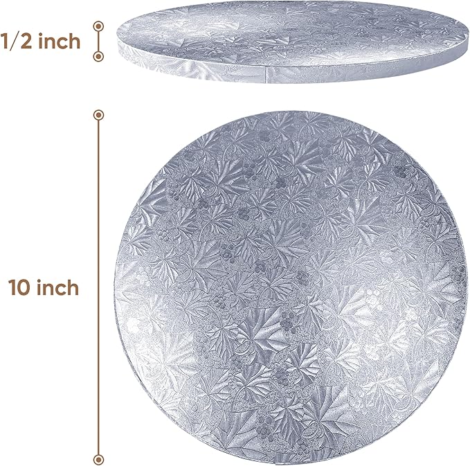 Cakebon Round Cake Boards - Sturdy 1/2 Inch Thick Drums - 10 Inch Professional Smooth Straight Edges Silver 1-Pack