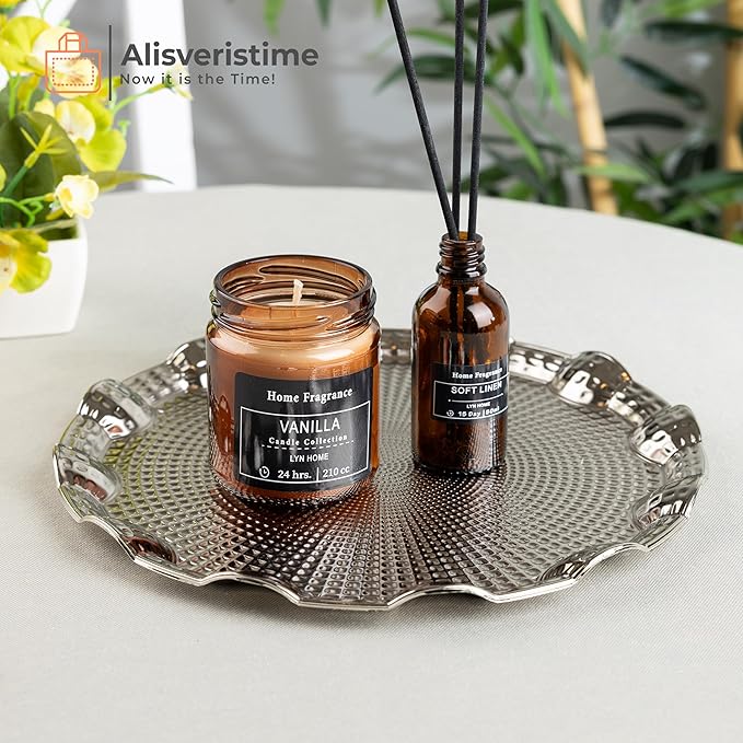 Alisveristime Round Metal Serving Tray for Two – Ottoman Motif, (9.8" Diameter, 10.2 oz) (Silver)