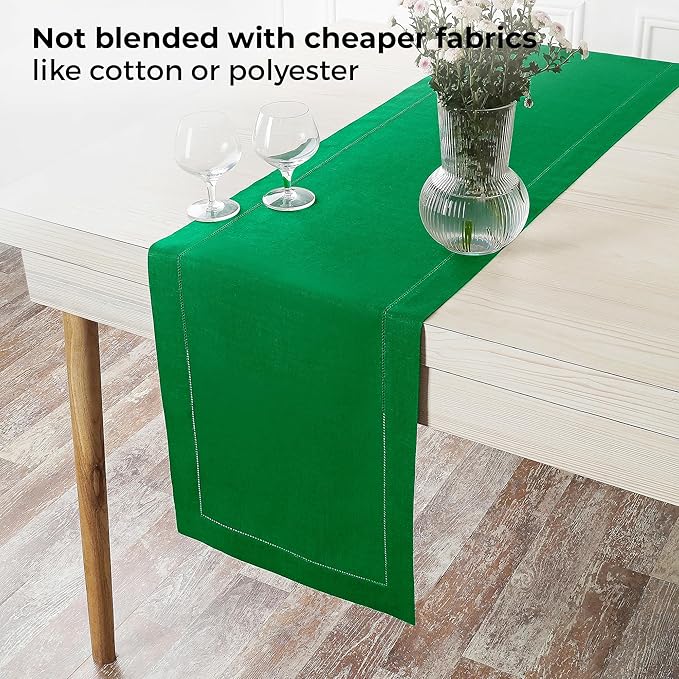 D'Moksha Homes Linen Kelly Green Table Runner 48 Inches - Classic Hemstitch, 100% Pure Linen Coffee Table Runner 14 x 48 Inch Ideal for Dresser Tables - Winter, Christmas, Holiday, New Year