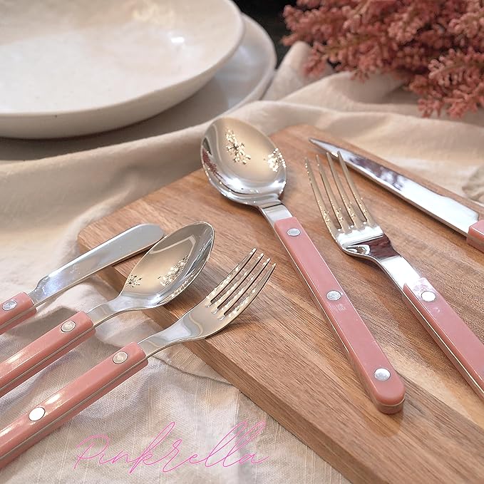 6-Piece Stainless Steel Flatware Silverware Cutlery Set - Color Handle with Rivet/Retro Style - Includes Dinner Knife; Dinner Fork; Salad Fork; Soup Spoon; Teaspoon; Spreader (PINK)