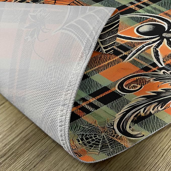 Ambesonne Halloween Place Mats Set of 4, Spooky Autumn Spider and Leafy Webs on Orangish Buffalo Plaid Back, Washable Fabric Placemats for Dining Table, Standard Size, Apricot Pale Green Grey
