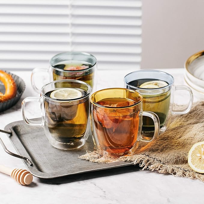 BTaT- Colored Double Walled Glass Coffee Mugs, Set of 4 (12oz, 350ml), Assorted Colors, Colorful Coffee Cups, Insulated Coffee Mug, Double Wall Glass Coffee Cups, Tea Cups