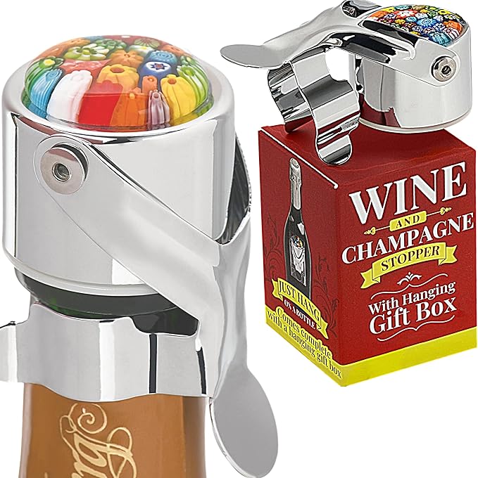Wine Stopper & Champagne Stopper All In One - Patented Seal, Preserves Bubbles & Taste for Prosecco, Cava, and Wine – 1 Pro Grade Evan James Bottle Stopper With Hanging Gift Box