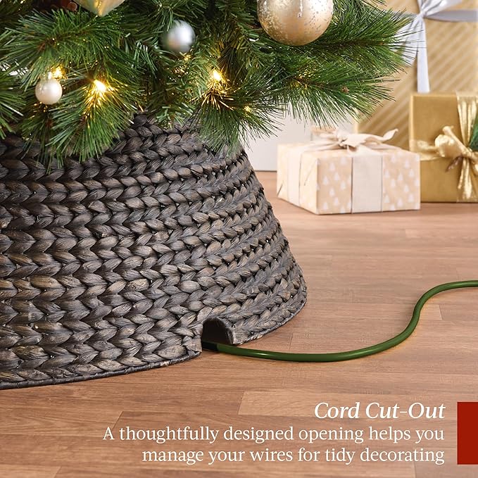 Best Choice Products 24in Christmas Tree Collar, Woven Hyacinth 3-Piece Holiday Rattan Tree Skirt Accessory for Home w/Cord Cut-Out - Espresso