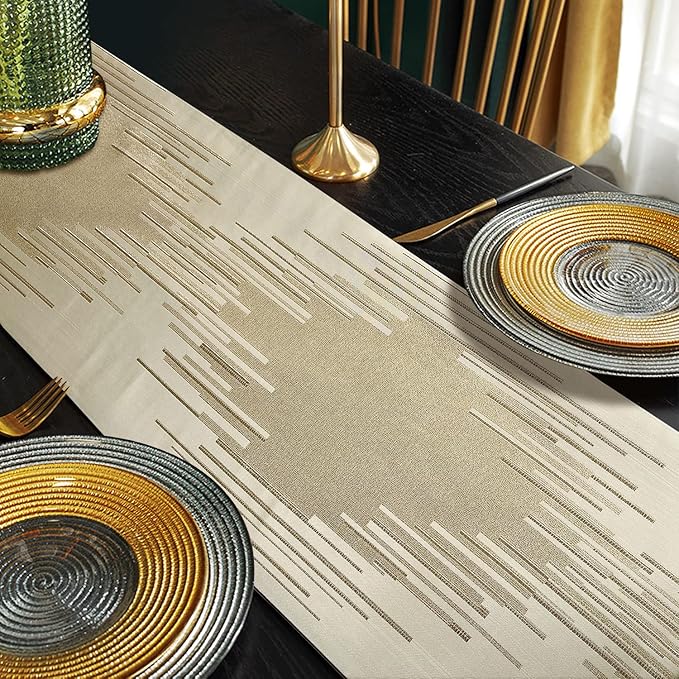Beige Table Runner 98 Inches Long Abstract Lines Geometric Table Runners with Ring Stylish Tassels for Living Room Bedroom Holidays Events Dinner Dresser Art Decor