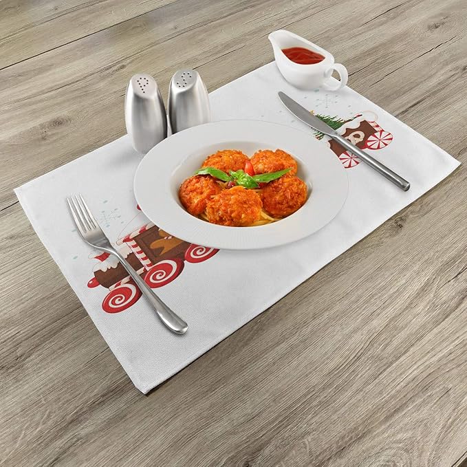 Ambesonne Christmas Place Mats Set of 4, Train Gingerbread Cream Candy Cartoon Toys Snowflakes Presents, Washable Fabric Placemats for Dining Table, Standard Size, White Brown