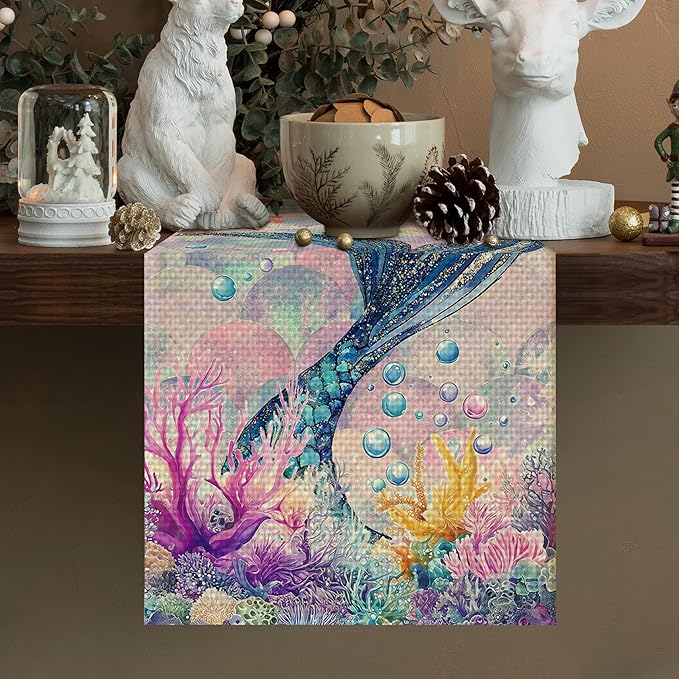 Mermaid Tail Table Runner Seasonal Holiday Kitchen Dining Linen Table Decoration for Indoor Outdoor Home Party Decor 13 x 72 Inch