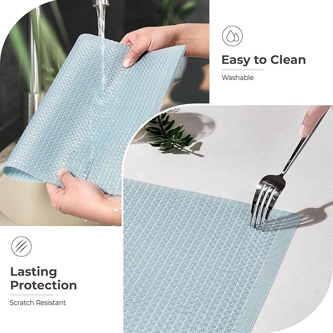 Leetaltree Sparkling Mist Blue Sequin Woven Vinyl Placemats, Set of 12 - Waterproof & Washable Dining Table Mats for Wedding, Anniversary, Daily Use, Hand-Cut