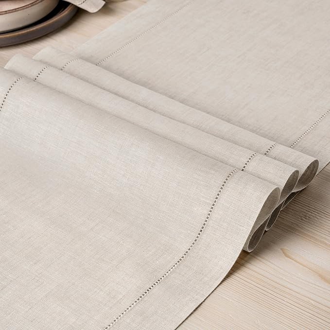 D'Moksha Homes Linen Light Natural Table Runner 72 Inches Long - 100% Pure Linen Hemstitch Table Runner 14 x 72 Inch for Dresser, Dining, Winter, Christmas, Holiday, New Year - Classic Hemstitch