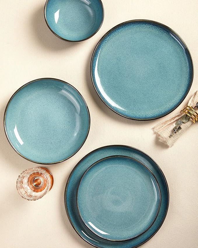 10 Inch Dinner Plates Set of 6, Wavy Rim Stoneware Plates, Microwave & Dishwasher Safe, Ceramic Plates for Steak, Pizza, Lunch, Serving, Green Black