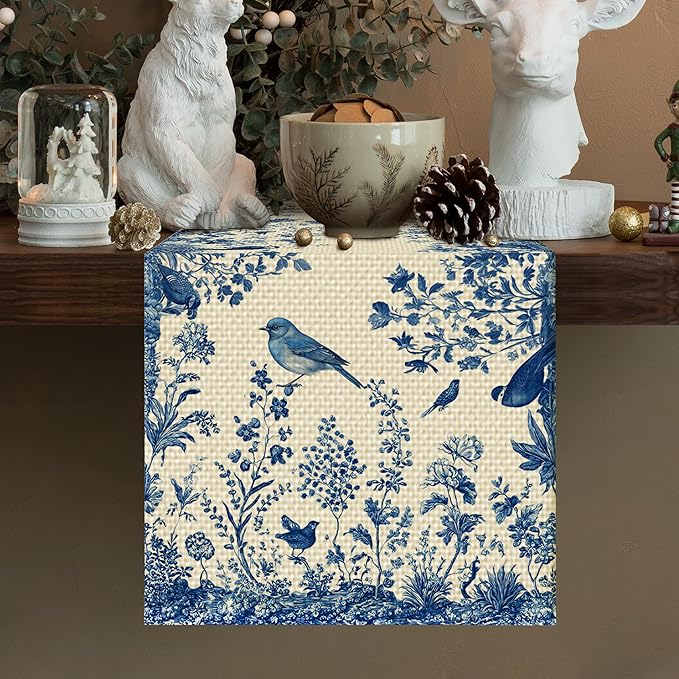 Blue Floral Birds Table Runner Seasonal Spring Kitchen Dining Linen Table Decoration for Indoor Outdoor Home Party Decor 13 x 72 Inch