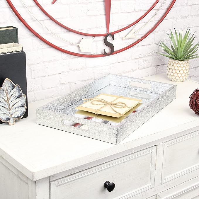 HomeRoots 16" Silver Rectangular Wood Handmade Tray with Handles