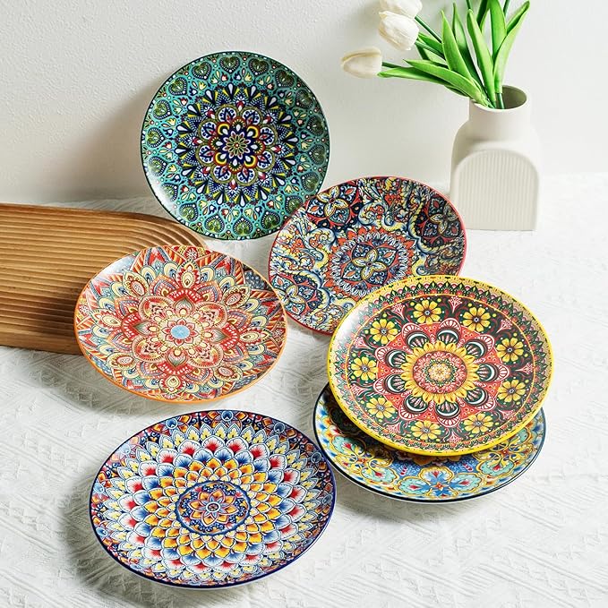 Ceramic Dinner Plates, 8.5 Inch Small Salad Dessert Plate Set of 6, Colorful Bohemian Plates for Appetizers, Snacks, Fruit, Small Plate Set for Kitchen & Restaurant, Microwave, Oven and Dishware Safe