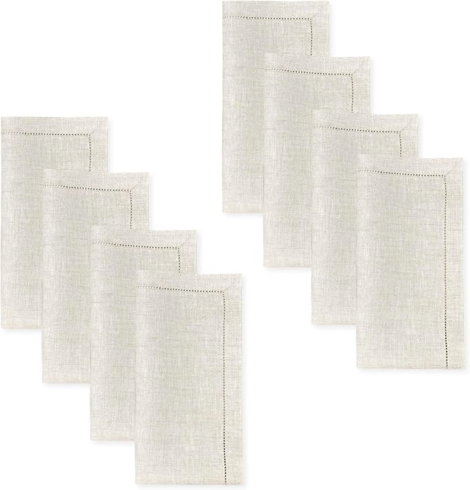 D'Moksha Homes Light Natural Linen Napkins Set of 8 - Classic Hemstitch 100% Pure Linen Hemstitch Dinner Napkins 20 x 20 Inch for Christmas, Holiday, New Year - Handcrafted and Machine Washable