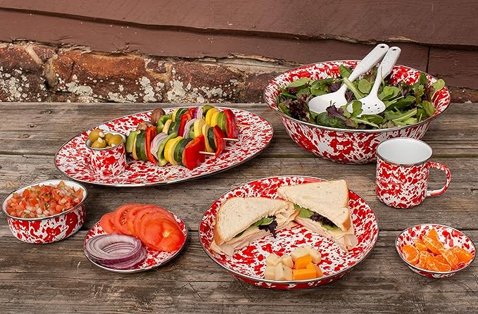 Golden Rabbit Enamelware Appetizer Plates, 6 inch, Red Swirl, Set of 4