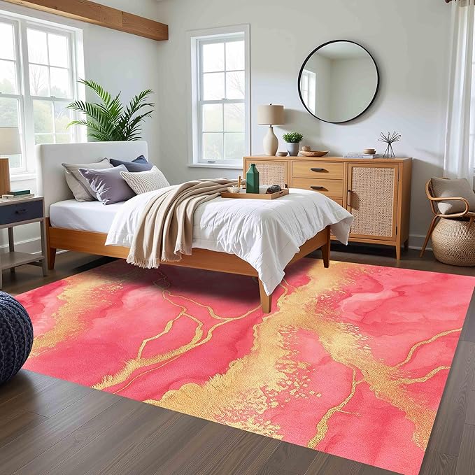 Vibrant Pink Gold Modern Abstract Marble Wavy Texture Home Office Rugs 2x6 for Living Room Bedroom Dining Room Soft Non Slip Large Area Rug Nursery Dorm Kitchen Liquid Aesthetic Art Deco Lux Carpet