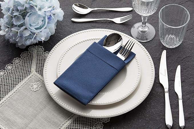 Navy Dinner Napkins Cloth Like with Built-in Flatware Pocket, Linen-Feel Absorbent Disposable Paper Hand Napkins for Kitchen, Bathroom, Parties, Weddings, Dinners or Events, 16x16 inches, Pack of 50