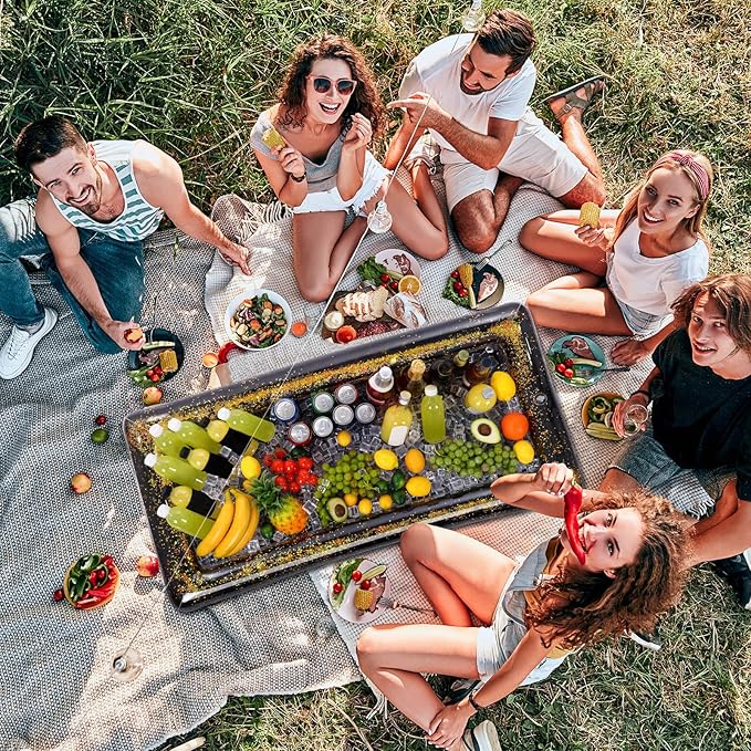 8 Pcs Glitter Inflatable Serving Bar Kit Includes 2 Salad Buffet Tray with Drain Plug 5 Mesh Food Cover 1 Inflator Inflatable Food Drink Containers for Outdoors Pool Party Camping(Black)