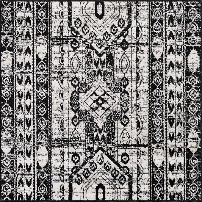 Rugs.com Oregon Collection Rug – 4 Ft Square Black and White Low-Pile Rug Perfect for Living Rooms, Kitchens, Entryways