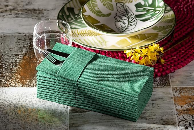 Green Dinner Napkins Cloth Like with Built-in Flatware Pocket, Linen-Feel Absorbent Disposable Paper Hand Napkins for Kitchen, Bathroom, Parties, Weddings, Dinners or Events, 1/8 Fold, Pack of 50