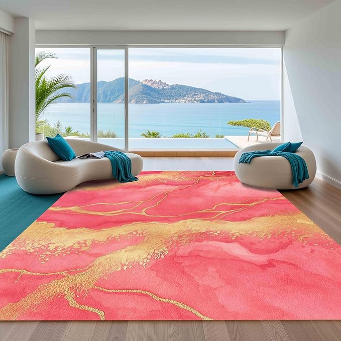 Vibrant Pink Gold Modern Abstract Marble Wavy Texture Home Office Rugs 2x6 for Living Room Bedroom Dining Room Soft Non Slip Large Area Rug Nursery Dorm Kitchen Liquid Aesthetic Art Deco Lux Carpet