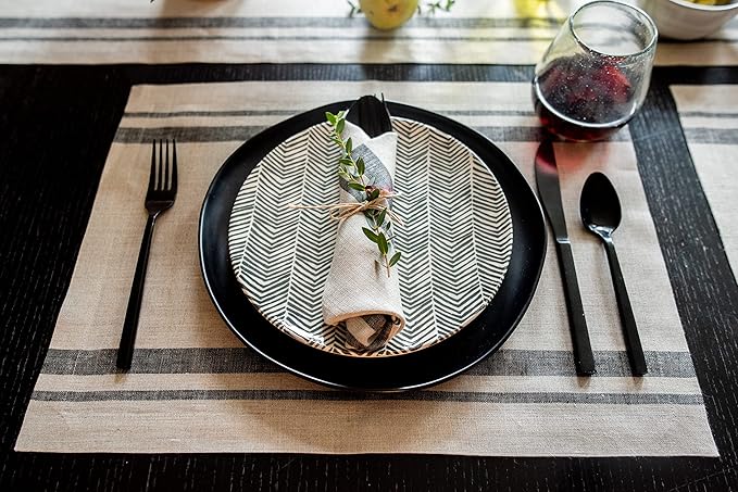 Solino Home Linen French Stripe Placemats Set of 4-100% Pure Linen Black and Natural Placemats 14 x 19 Inch for Winter, Holiday - Handcrafted and Machine Washable
