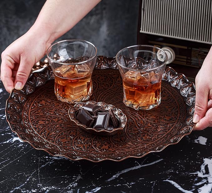 Crystalia Fancy Ottoman Serving Trays, Elegance Metal Turkish Trays for Beverage Serving, Vintage Ottoman Round Tray for Decorative Tea Coffee and Dessert Table, 12 inch Diameter