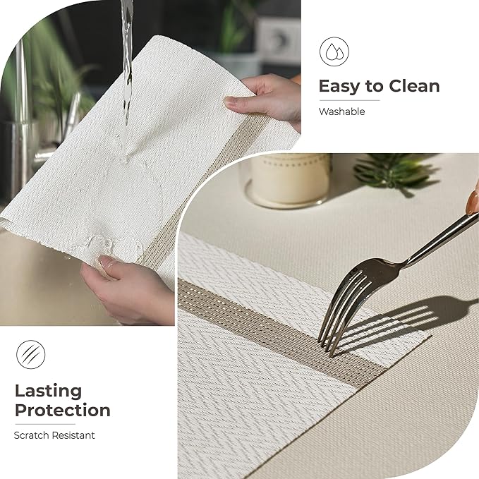 Leetaltree Luxury White Placemats with Gold Stripes Placemats Set of 12 - Waterproof Washable for Wedding, Anniversary, Daily Use - Sparkling Table Decor - Hand-Cut